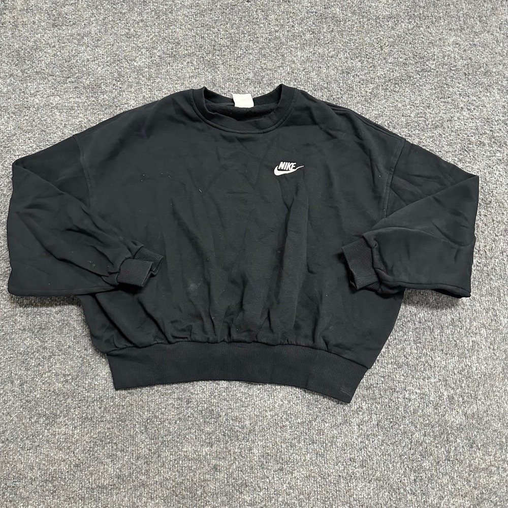 Nike Sweatshirt Womens Size L Black Cropped Crew Neck Embroidered Logo Pullover